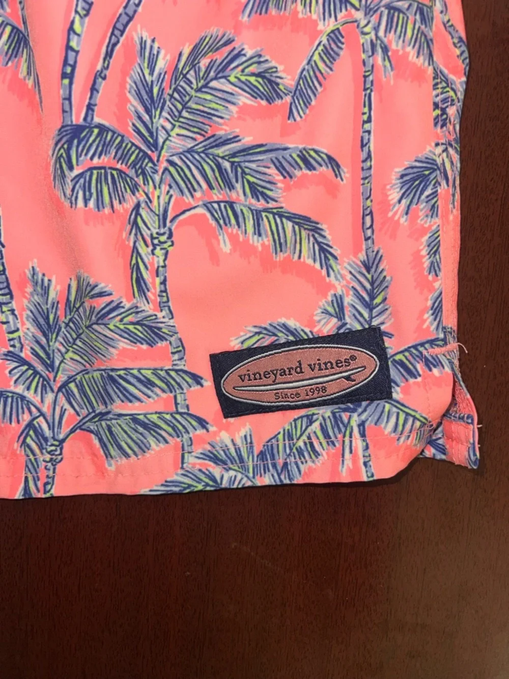 Vineyard Vines Coral Swim Trunks with Blue & Green Palm Print - Picture 3 of 4